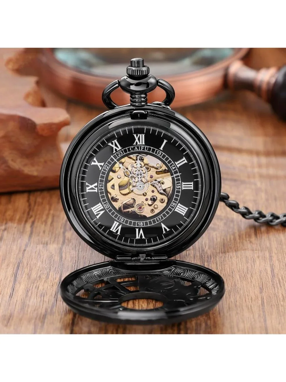 Men's All Black Vintage Style Hollow-Out Gear Arabic Mechanical Pocket Watch